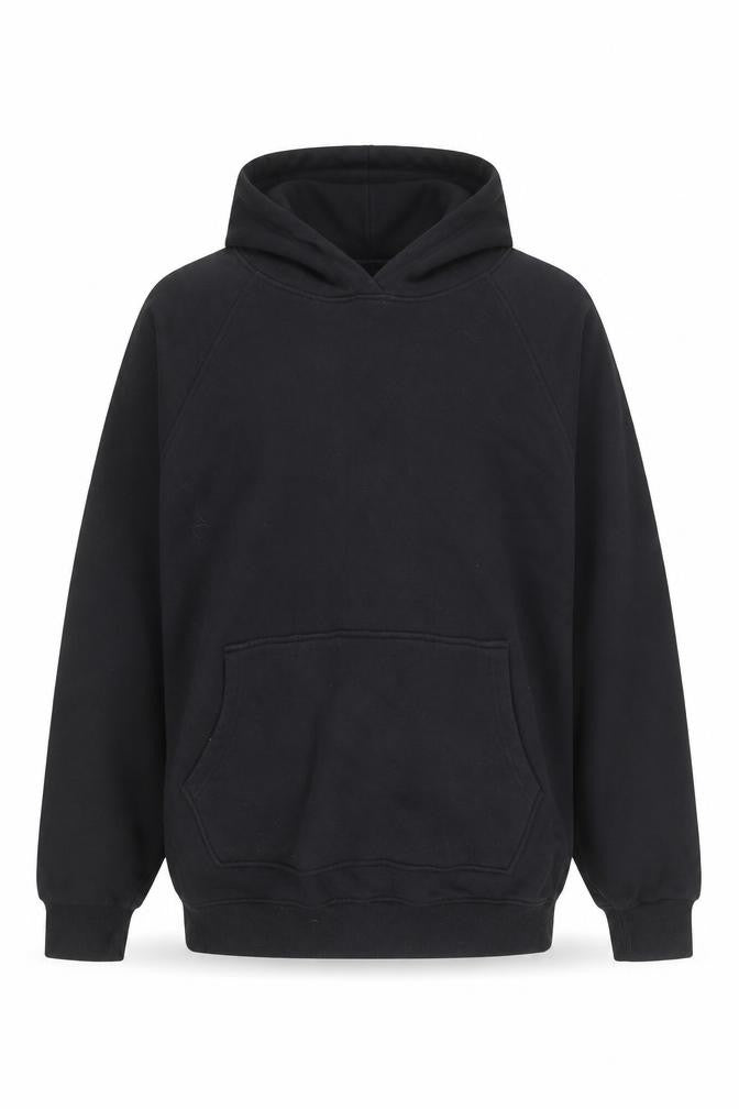 Front view of Rising men’s black pullover hoodie, size S, fleece cotton blend