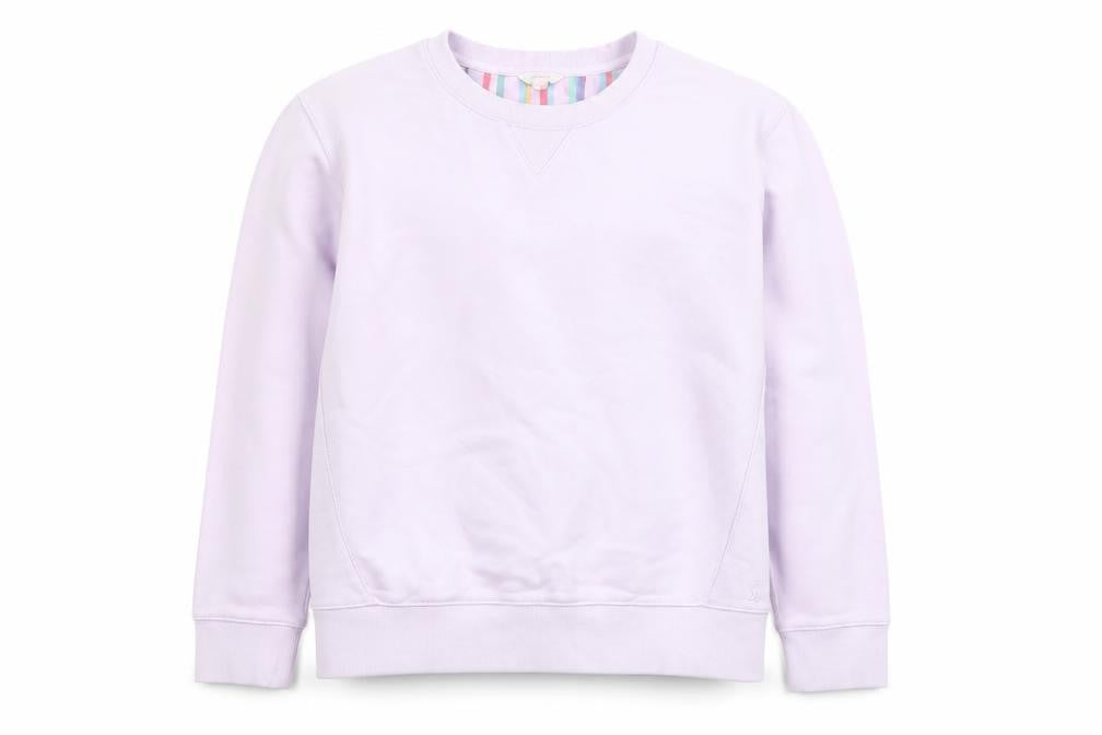 Front view of Joules women’s lilac cotton crew neck pullover sweatshirt, size M