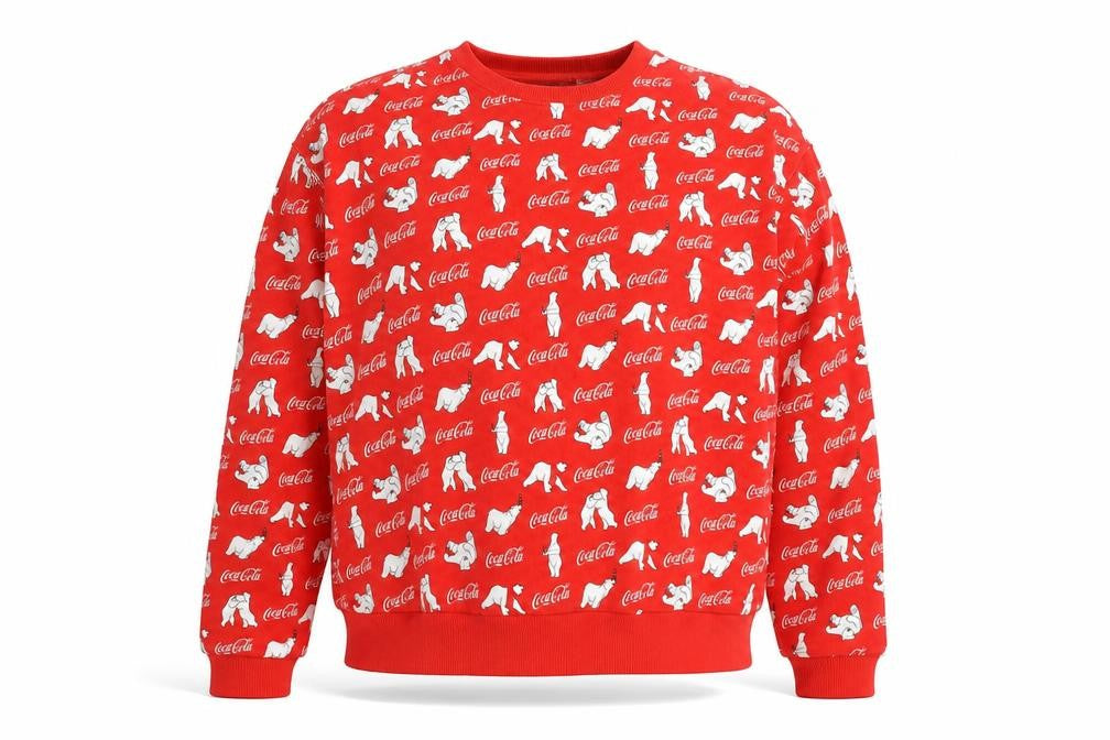 Front view of Coca-Cola Red Polar Bear unisex crew neck pullover sweatshirt l