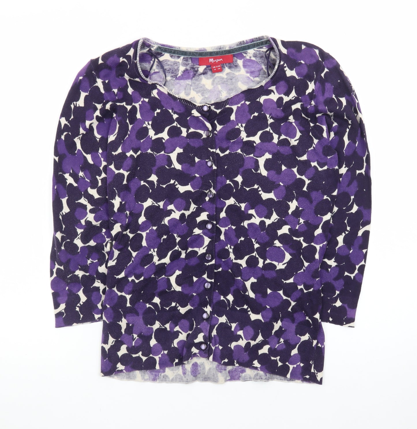 Monsoon Women’s Purple Floral Cardigan Size 12 Knit 3/4 Sleeve Belted