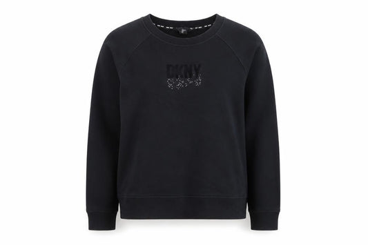 Front view of DKNY Sport Women's Black Medium Pullover Sweatshirt with Logo Detail