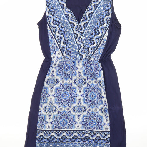 Oasis Women Blue Geometric Sleeveless V-Neck Shift Dress M