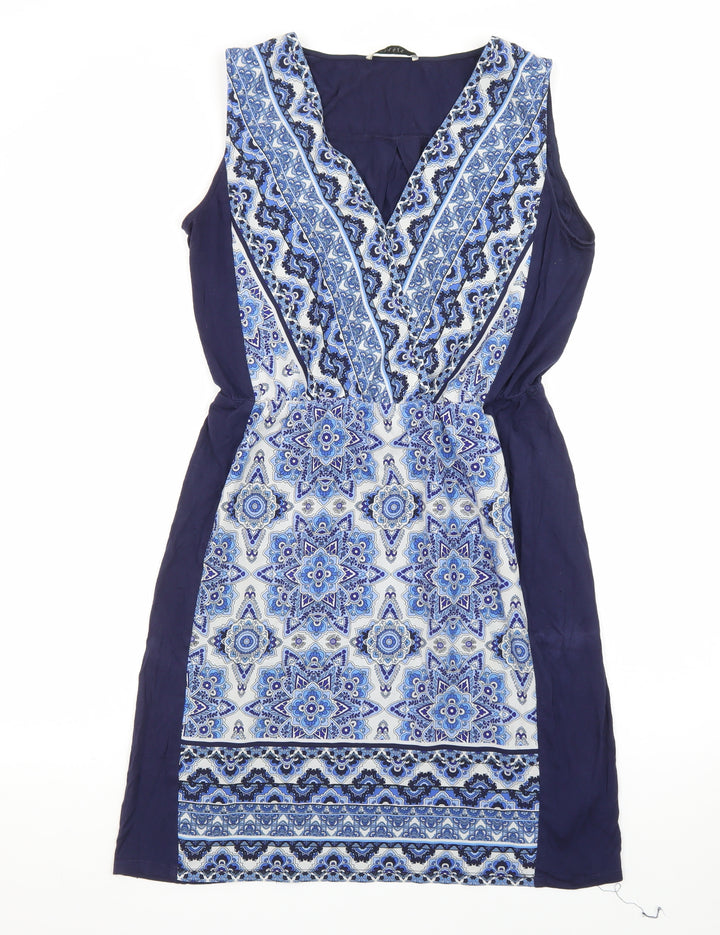 Oasis Women Blue Geometric Sleeveless V-Neck Shift Dress M