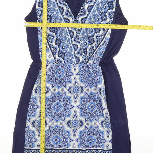 Oasis Women Blue Geometric Sleeveless V-Neck Shift Dress M