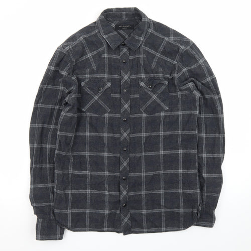 AllSaints Men's Grey Check Flannel Button-Up Shirt Medium
