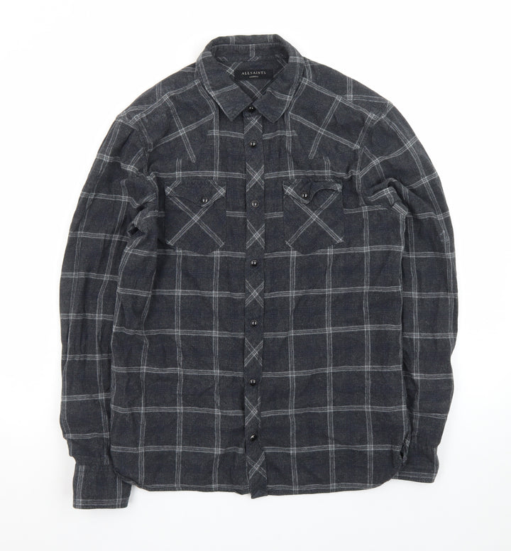AllSaints Men's Grey Check Flannel Button-Up Shirt Medium