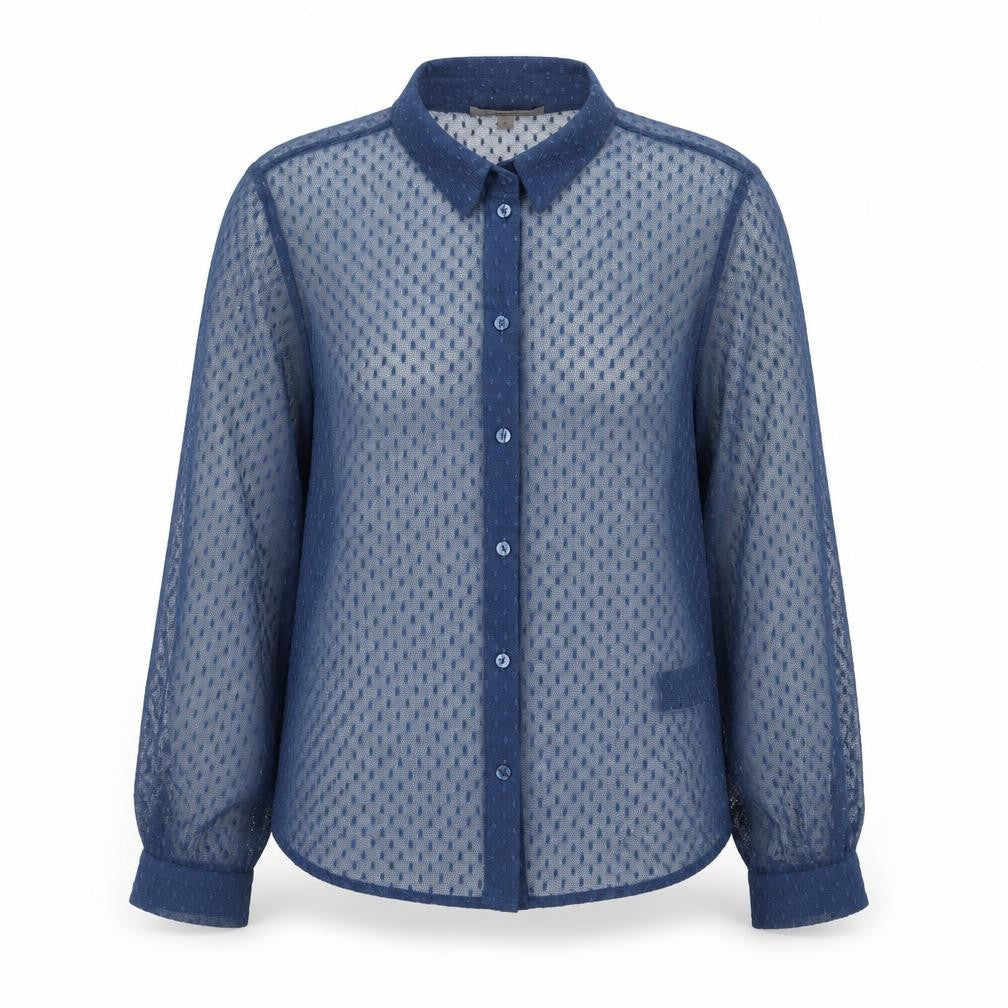 Front view of Marks & Spencer Women Blue Sheer Long Sleeve Collared Blouse, size 10