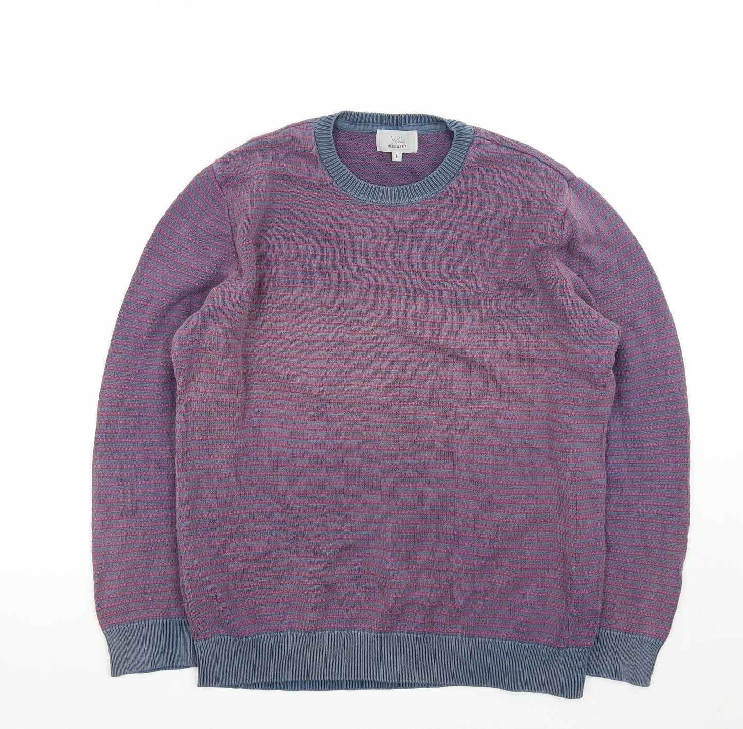 Marks and Spencer Men's Purple Striped Cotton Jumper L Regular Fit