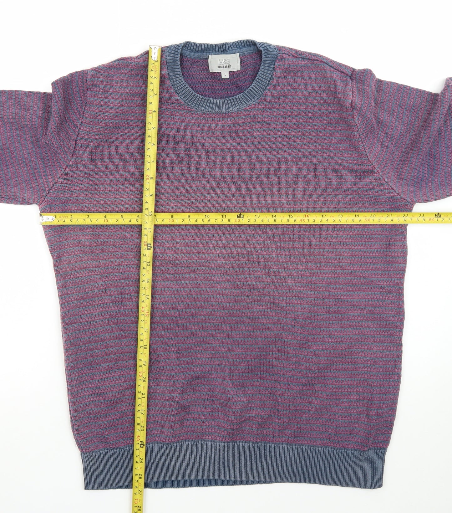 Marks and Spencer Men's Purple Striped Cotton Jumper L Regular Fit