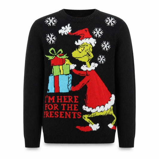 Front view of Grinchmas Men's Black XL Christmas Grinch jumper