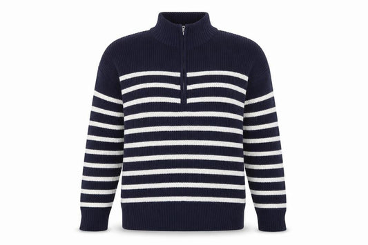 Front view of Nobody's Child Women's Blue Striped Cotton 1/2 Zip Jumper XL