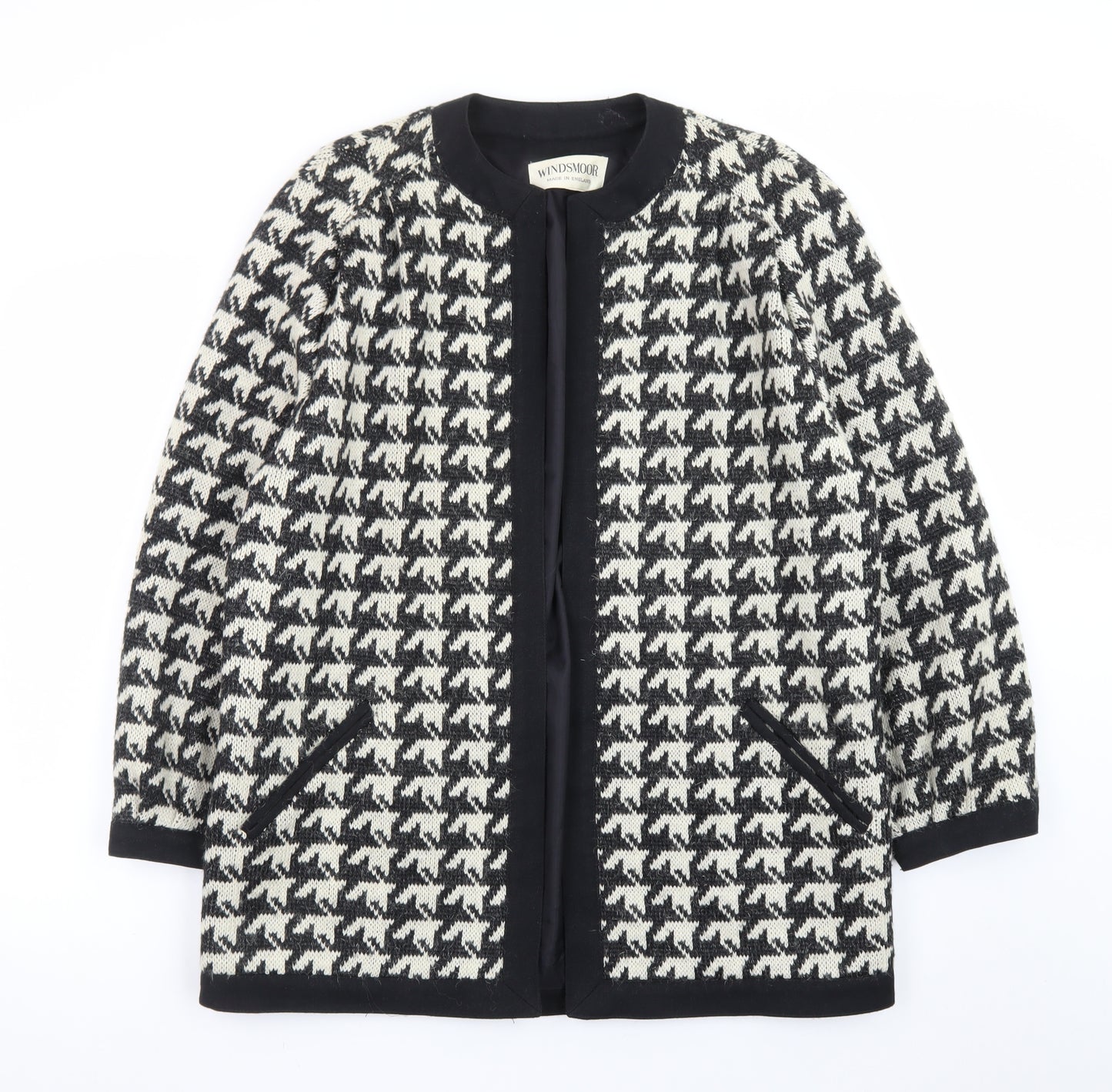 Windsmoor Women Black Houndstooth Wool Blend Mid-Length Coat Size 12