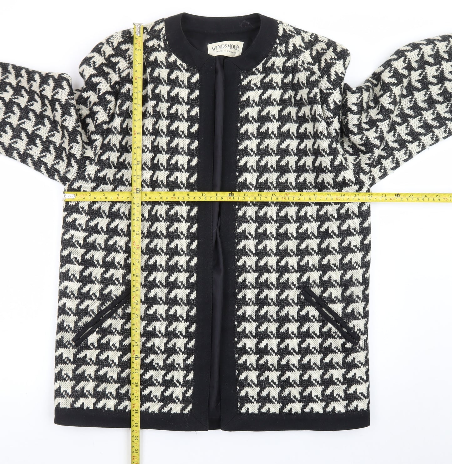 Windsmoor Women Black Houndstooth Wool Blend Mid-Length Coat Size 12