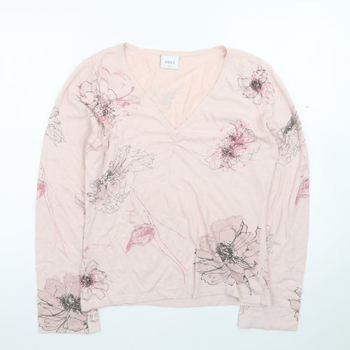 Next Women's Pink Floral V-Neck Long Sleeve Cotton T-Shirt UK 14