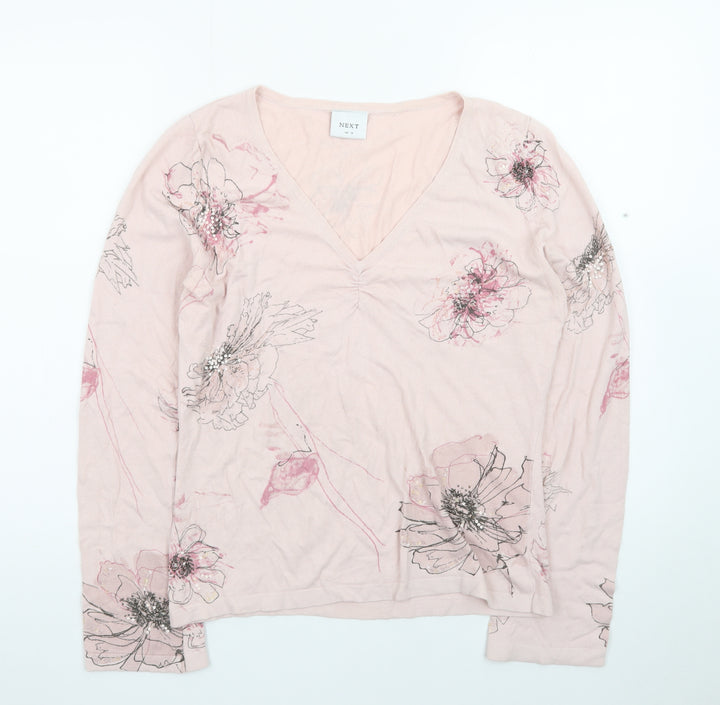 Next Women's Pink Floral V-Neck Long Sleeve Cotton T-Shirt UK 14