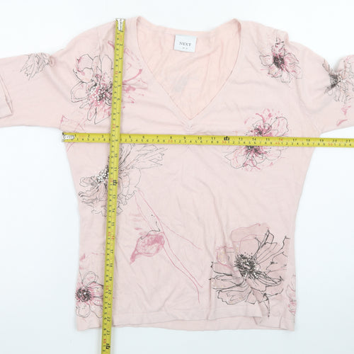 Next Women's Pink Floral V-Neck Long Sleeve Cotton T-Shirt UK 14