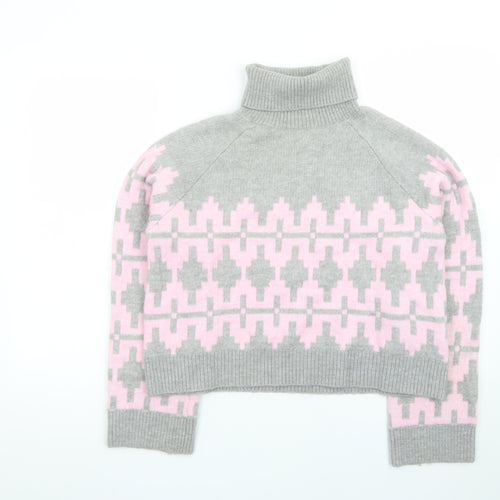 H&M Divided Women's Grey Pink Roll Neck Jumper L Wool Blend Geometric Knit