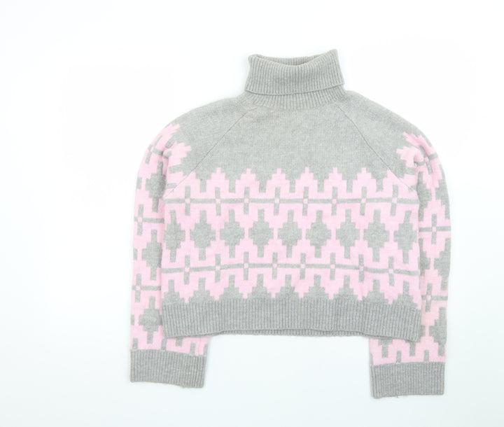 H&M Divided Women's Grey Pink Roll Neck Jumper L Wool Blend Geometric Knit