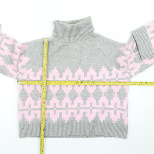 H&M Divided Women's Grey Pink Roll Neck Jumper L Wool Blend Geometric Knit