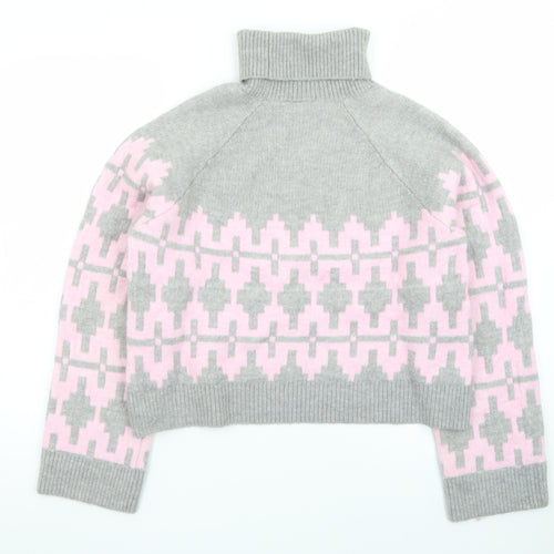 H&M Divided Women's Grey Pink Roll Neck Jumper L Wool Blend Geometric Knit