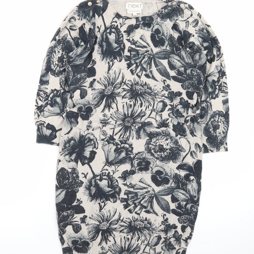 Next Women Beige Floral Knit Jumper Dress Size 8 3/4 Sleeve