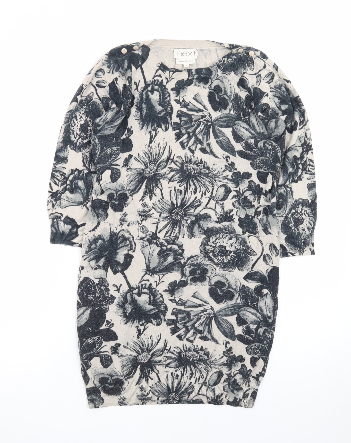 Next Women Beige Floral Knit Jumper Dress Size 8 3/4 Sleeve