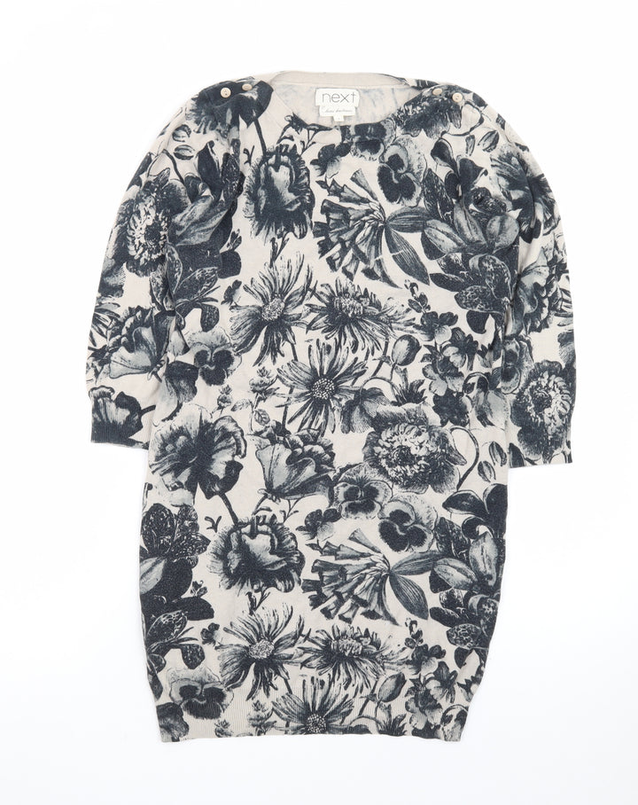Next Women Beige Floral Knit Jumper Dress Size 8 3/4 Sleeve