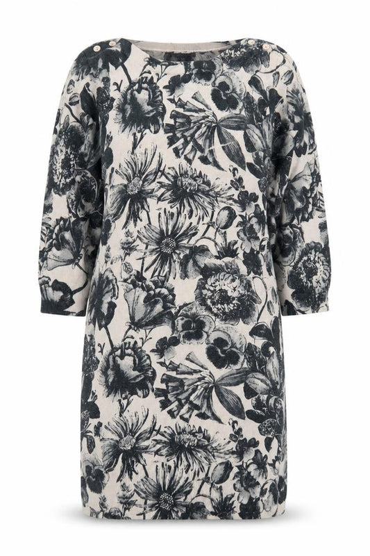 Front view of Next Women Beige Floral Knit Jumper Dress, size 8, 3/4 Sleeve