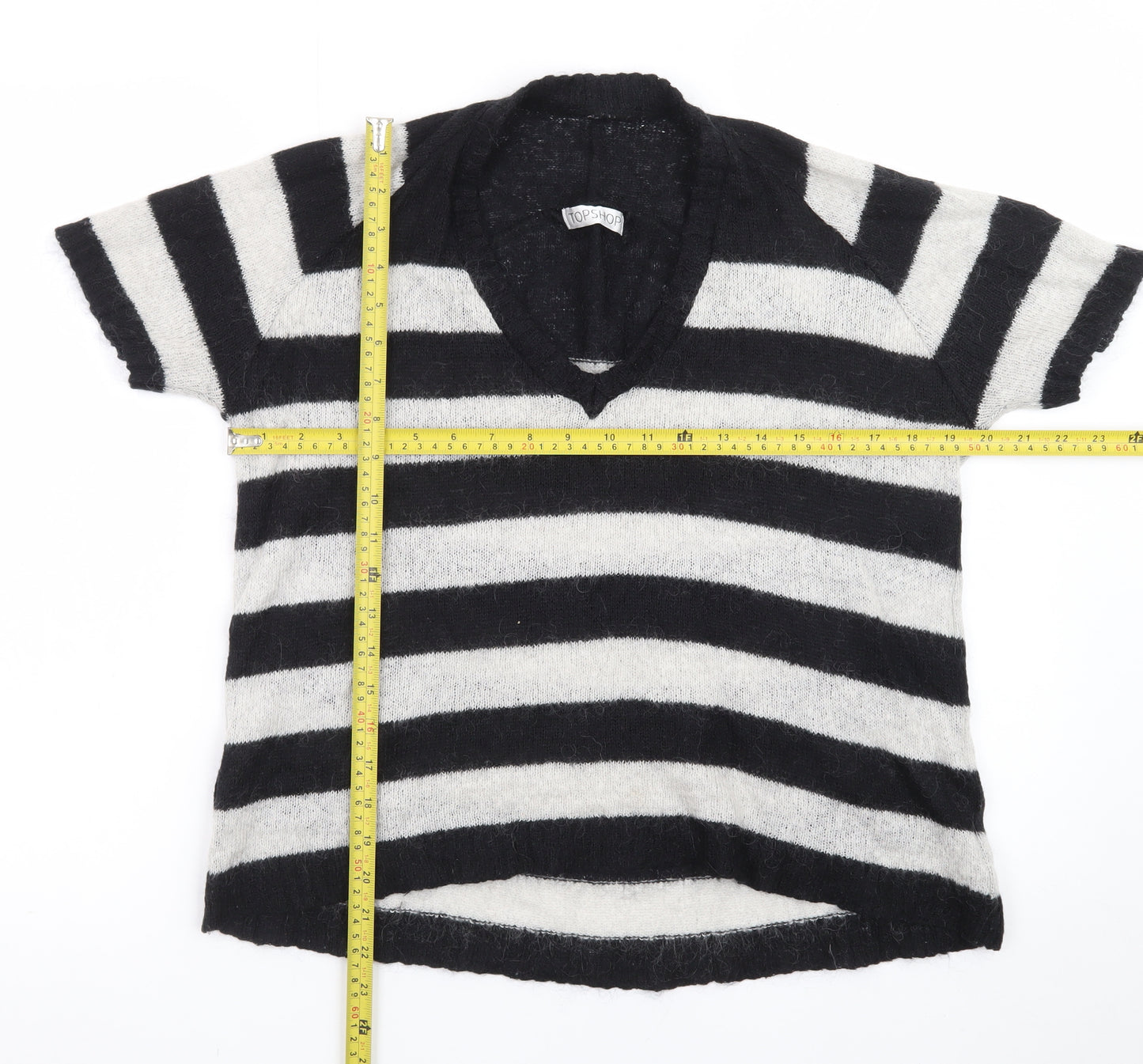 Topshop Women’s Black & White Striped V-Neck Mohair Jumper Size 8