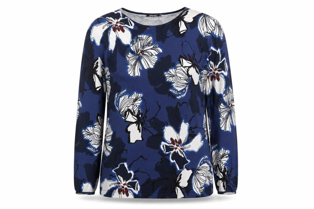 Front view of Olsen Women's Blue Floral Long Sleeve jumper, size 18