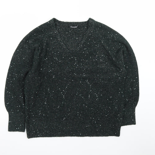 Bonmarché Women Black Glitter V-Neck Long Sleeve Pullover Jumper Size 18