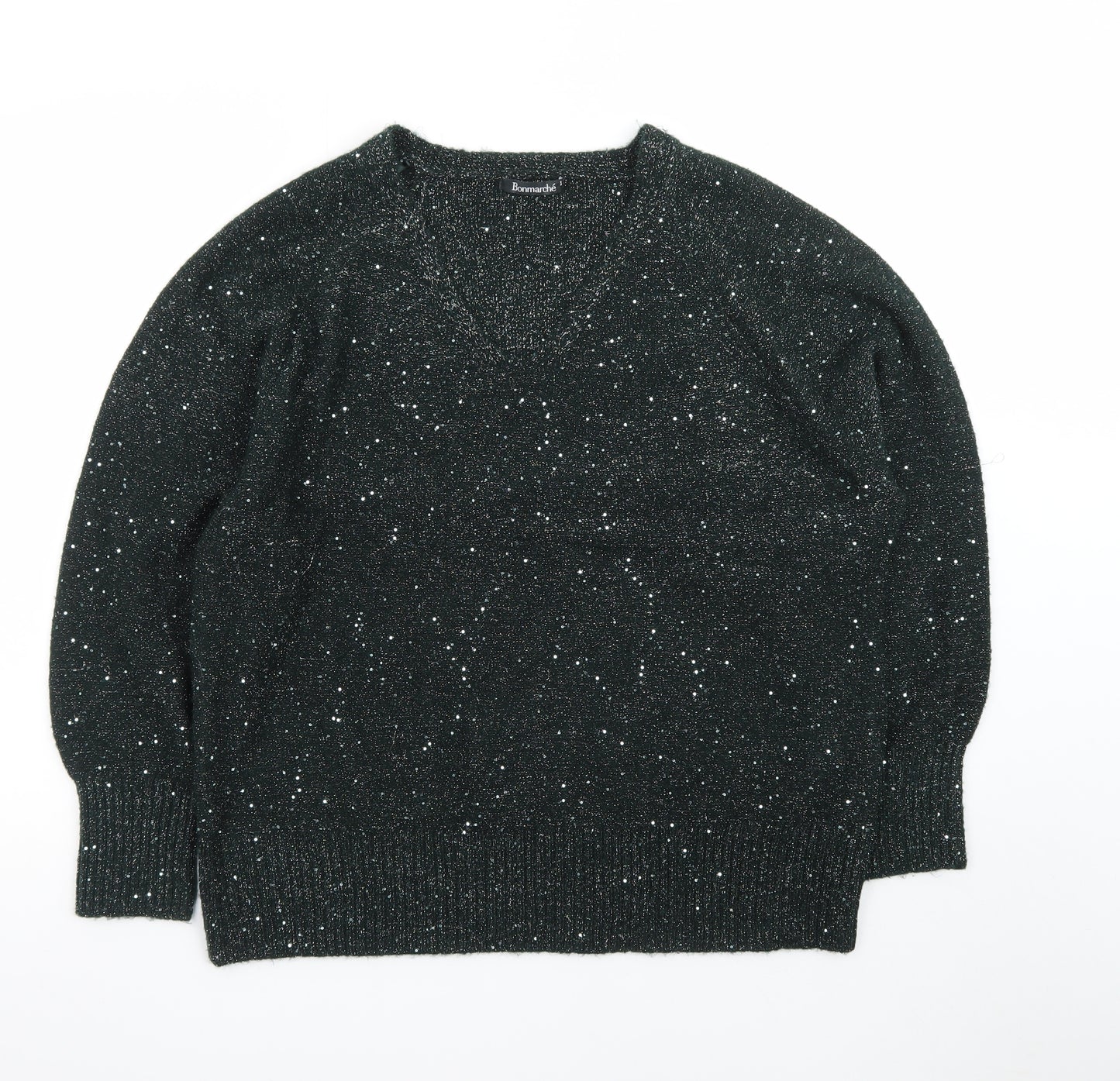 Bonmarché Women Black Glitter V-Neck Long Sleeve Pullover Jumper Size 18