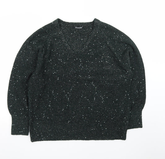 Bonmarché Women Black Glitter V-Neck Long Sleeve Pullover Jumper Size 18