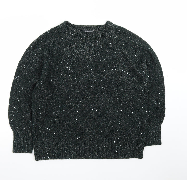 Bonmarché Women Black Glitter V-Neck Long Sleeve Pullover Jumper Size 18