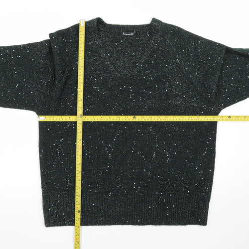 Bonmarché Women Black Glitter V-Neck Long Sleeve Pullover Jumper Size 18