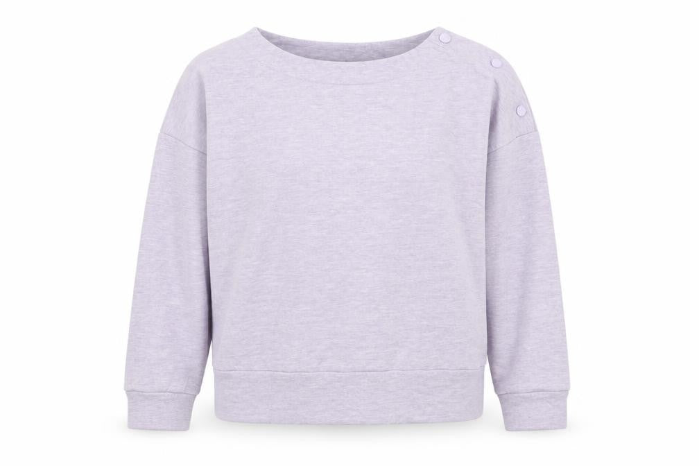 Front view of Oliver Bonas Women’s Purple Boat Neck Button jumper, size UK 8