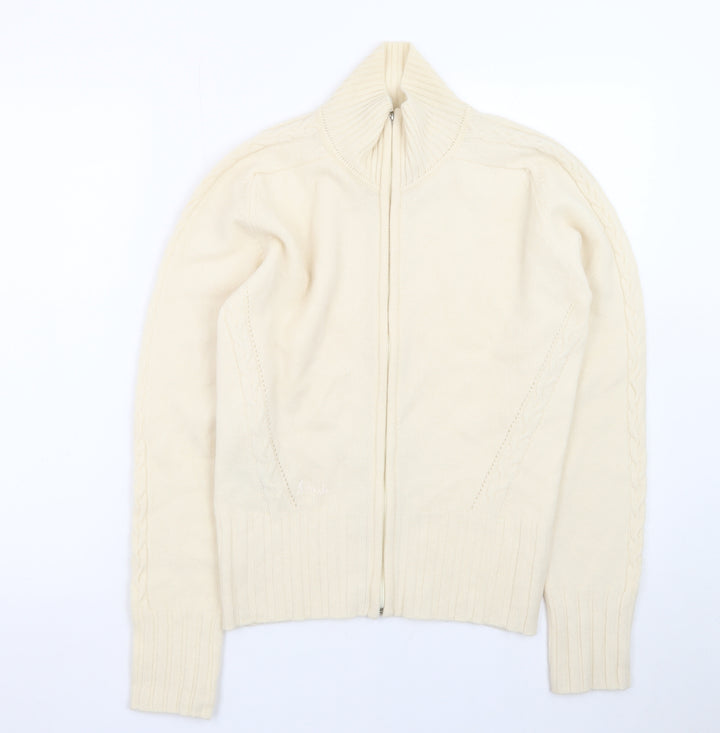 Pringle Women Ivory Lambswool Full Zip Mock Neck Jumper M