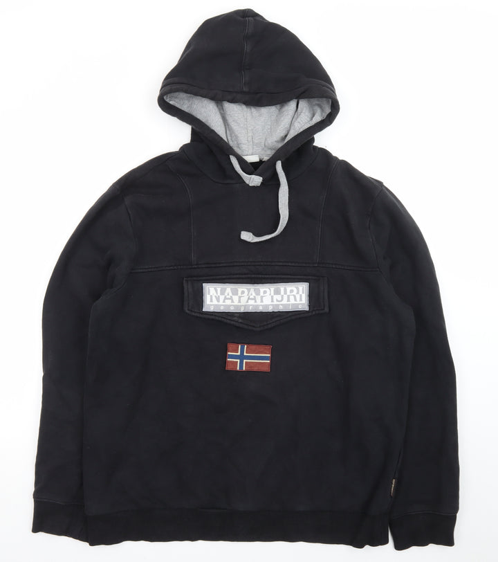 Napapijri Men’s Black 2XL Pullover Hoodie Fleece Outdoor Flag Logo