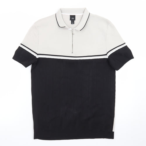 River Island Men's Beige Black Colourblock 1/4 Zip Polo Shirt Size M