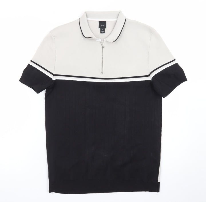 River Island Men's Beige Black Colourblock 1/4 Zip Polo Shirt Size M