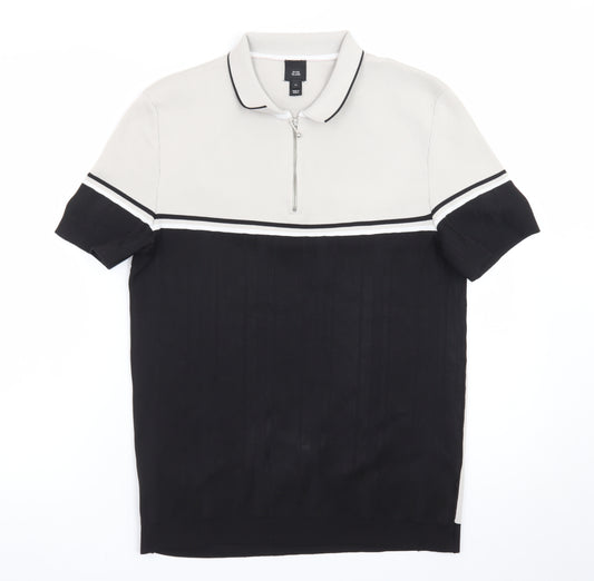 River Island Men's Beige Black Colourblock 1/4 Zip Polo Shirt Size M