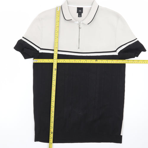 River Island Men's Beige Black Colourblock 1/4 Zip Polo Shirt Size M