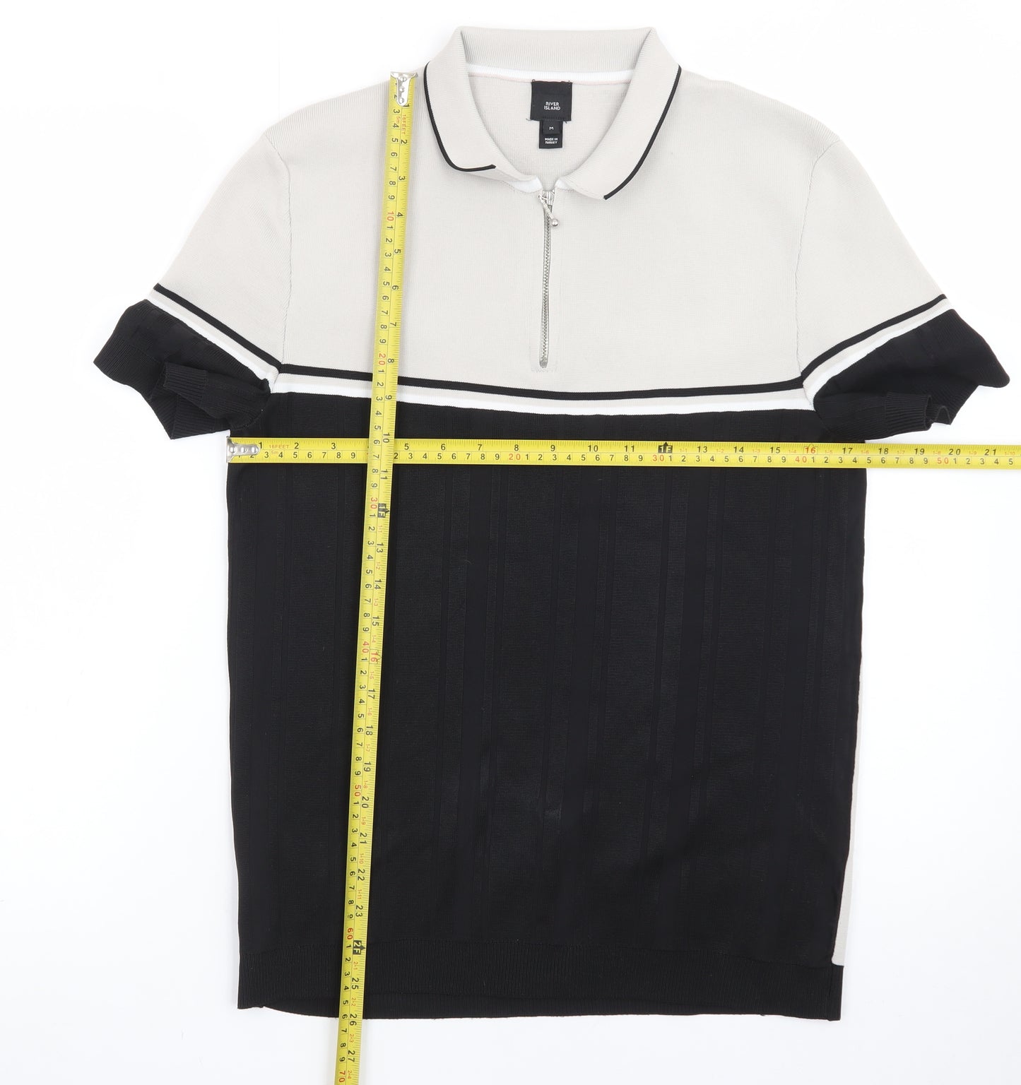 River Island Men's Beige Black Colourblock 1/4 Zip Polo Shirt Size M