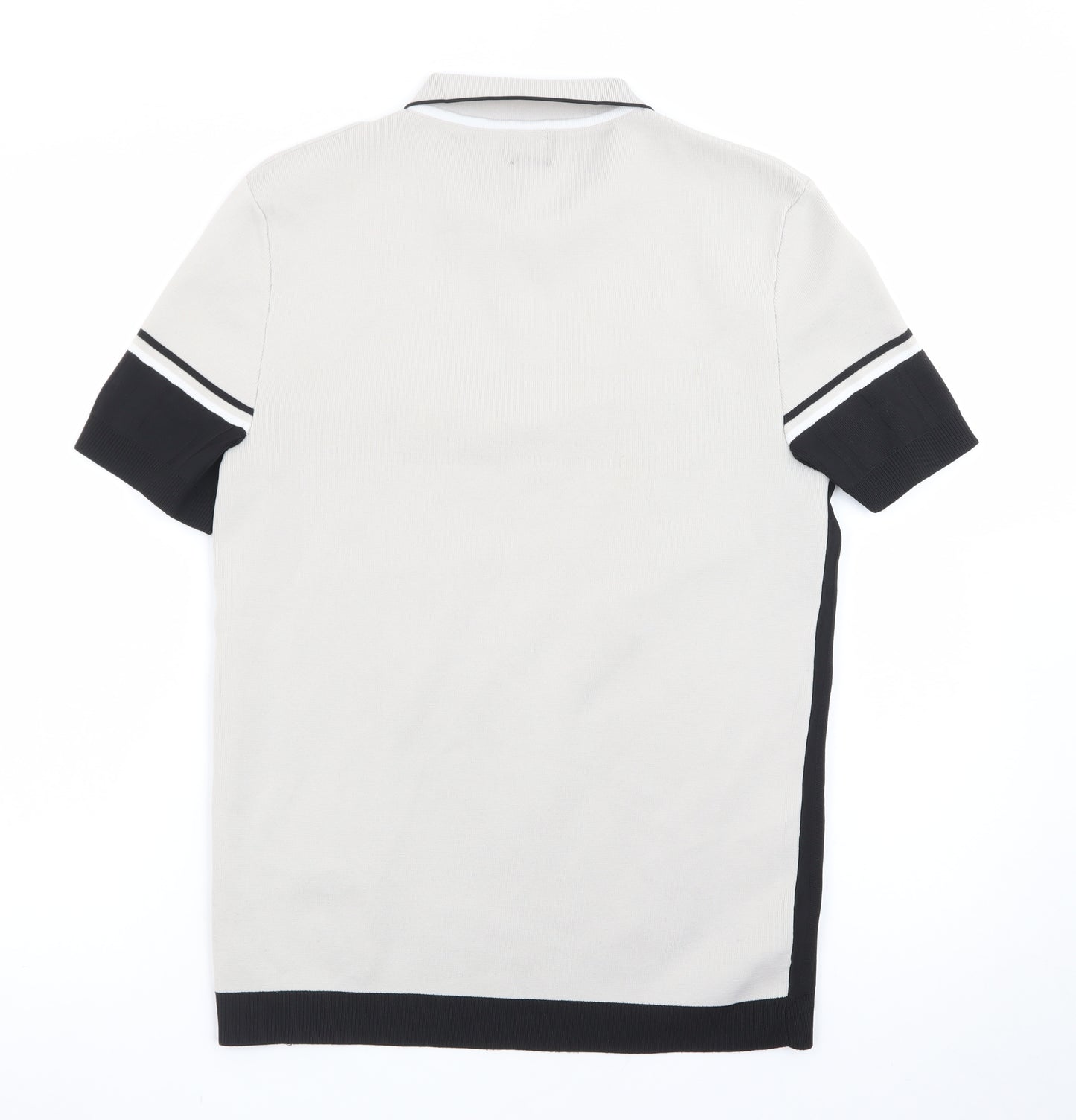 River Island Men's Beige Black Colourblock 1/4 Zip Polo Shirt Size M