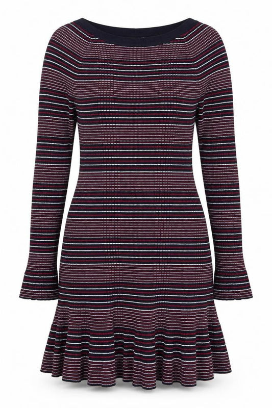 Front view of Next Women’s Multicoloured Striped Knit Fit & Flare Dress, size UK 14