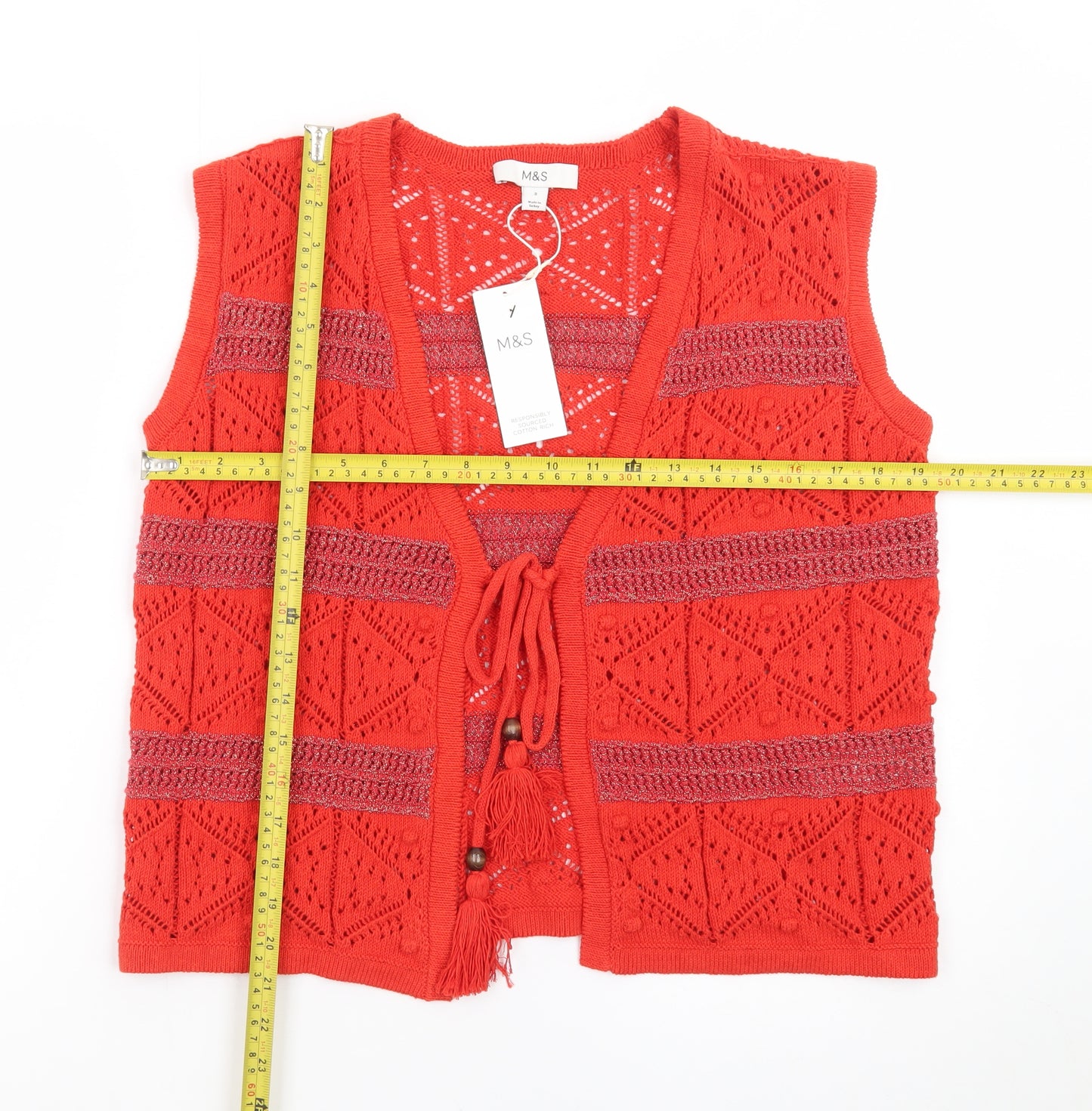 Marks and Spencer Women’s Red Crochet Knit Tassel Tie Vest S