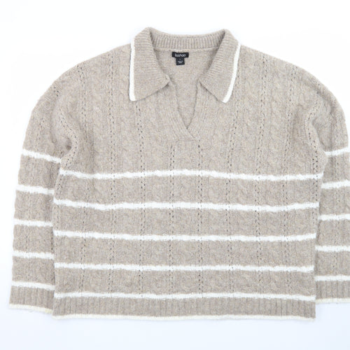 Boohoo Womens Beige Cable Knit Collared Pullover Jumper Size L