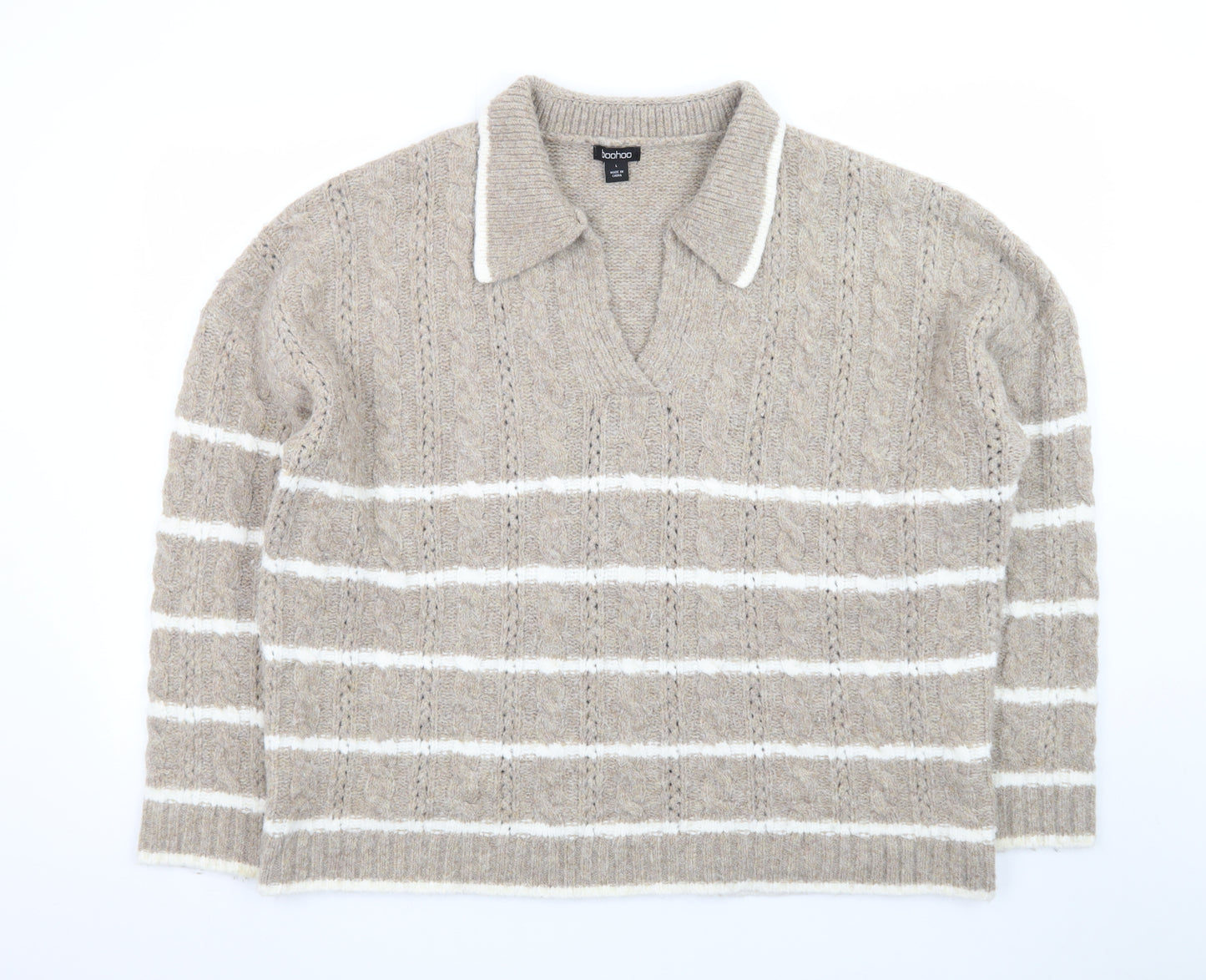 Boohoo Womens Beige Cable Knit Collared Pullover Jumper Size L