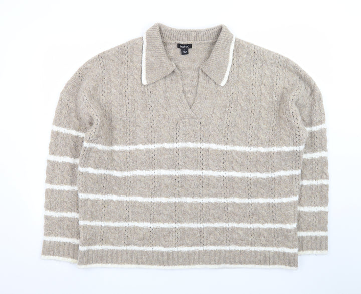 Boohoo Womens Beige Cable Knit Collared Pullover Jumper Size L
