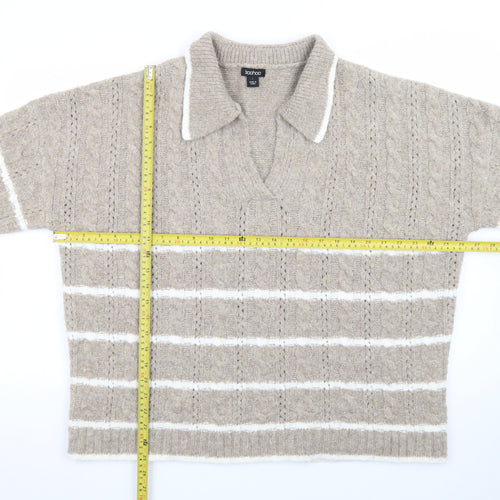 Boohoo Womens Beige Cable Knit Collared Pullover Jumper Size L
